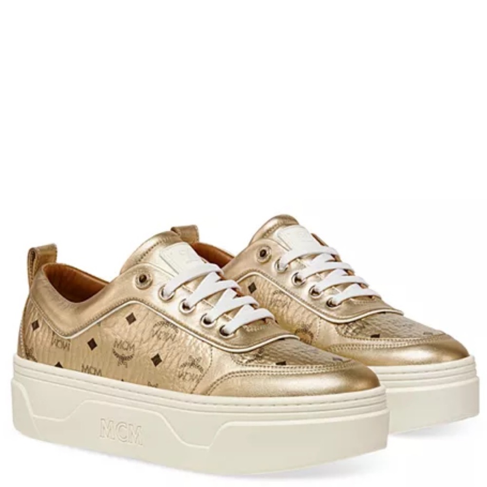 MCM Metallic Gold Logo Platform Sneakers